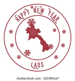 Retro Happy New Year Laos Stamp. Vector rubber stamp with map of Laos, Happy New Year text and falling snow