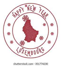 Retro Happy New Year Luxembourg Stamp. Vector rubber stamp with map of Luxembourg, Happy New Year text and falling snow