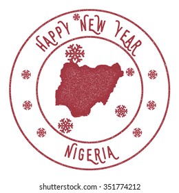 Retro Happy New Year Nigeria Stamp. Vector rubber stamp with map of Nigeria, Happy New Year text and falling snow