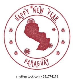 Retro Happy New Year Paraguay Stamp. Vector rubber stamp with map of Paraguay, Happy New Year text and falling snow