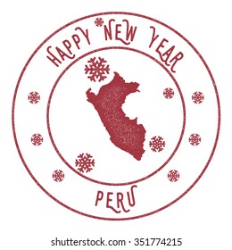 Retro Happy New Year Peru Stamp. Vector rubber stamp with map of Peru, Happy New Year text and falling snow