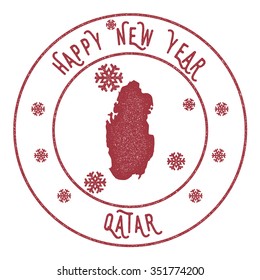 Retro Happy New Year Qatar Stamp. Vector rubber stamp with map of Qatar, Happy New Year text and falling snow