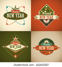 Retro Happy New Year stickers. Vector illustration.