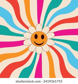 Retro happy smiling flowers on vintage colorful sunburst vector illustration. For posters, cards and banners 