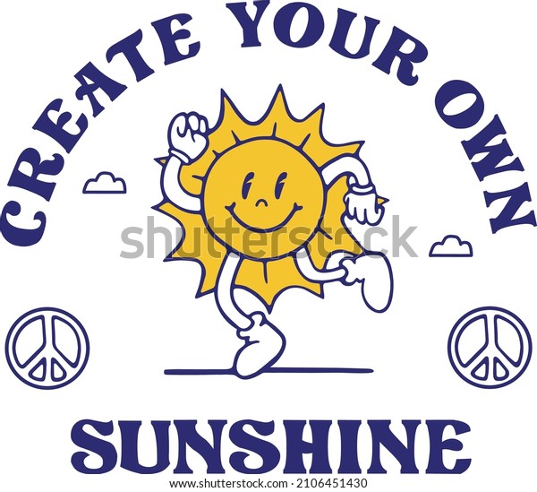 Retro Happy Sun Vector Art Illustration.Smiling\
Sun Positive Vibes with Peace Icon Fashion Illustration. Vintage\
Slogan T shirt Print\
Design.