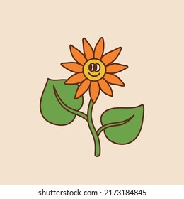 Retro happy sunflower  Colorful vector illustration in vintage cartoon style  Nostalgic 70s 60s design element