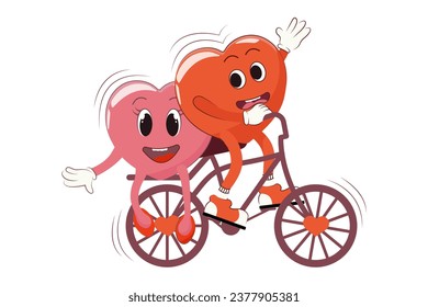 Retro Happy Valentine's Day. Bicycle ride.Happy characters in love. Retro characters.