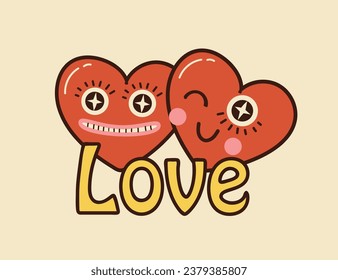 Retro happy Valentines day. Comic happy heart character in trendy retro 60s 70s cartoon style. Retro characters and elements. Groovy hippie love sticker set.