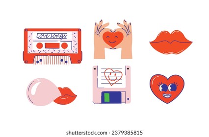 Retro happy Valentines day. Comic happy heart character in trendy retro 90s cartoon style. Retro characters and elements. Groovy hippie love sticker set.