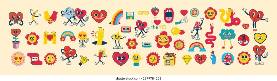 Retro Frohe Valentinstag. Comic Happy Herzcharakter im trendigen Retro-Stil der 70er Jahre. Retro-Zeichen und -Elemente. Groovy Hippie Liebessticker Set.