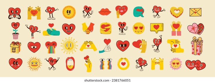 Retro happy Valentines day. Comic happy heart character in trendy retro 60s 70s cartoon style. Retro characters and elements. Groovy hippie love sticker set.