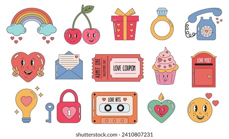 Día de San Valentín retro feliz. Groovy pegatina de amor hippie con arco iris, corazón, quequitos, anillo, carta, cupón, llave , vela. Dibujo feliz Día de San Valentín. Insignias, etiquetas, 14 de febrero.