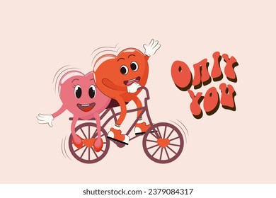 Retro Happy Valentine's Day. Only you. Love heart character in trendy 60s 70s cartoon style.