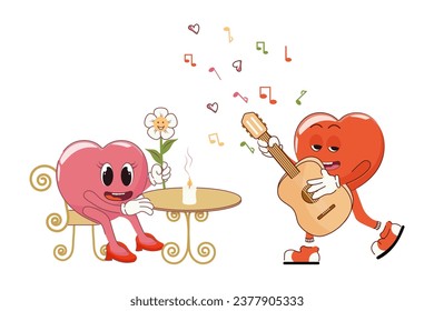 Retro Happy Valentine's Day. Song for your beloved in a cafe. Happy characters in love. Retro characters.