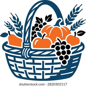 Retro Harvest Cornucopia Illustration With Pumpkins And Grapes In A Woven Basket Vector Art
