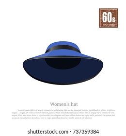 Retro hat in realistic style on white background. Old fashion. 60s vogue. Vintage blue cap icon. Vector illustration
