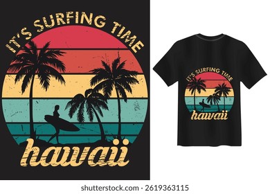 Retro hawaii surfing time graphic with palm trees and sunset scene