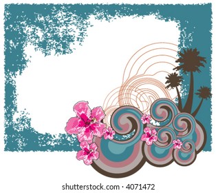 retro hawaiian hibiscus frame (vector) - illustrated background frame