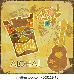 Retro Hawaiian postcard - invitation to Beach party - vector illustration