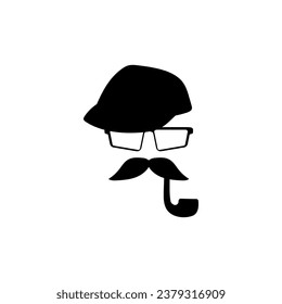 Retro head in glasses hat with mustachea and tube template. Fashion gentleman character with vintage style for masquerade and designer vector avatar