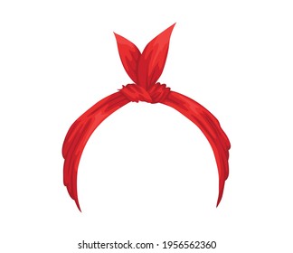 Retro headband for woman. Mockup of decorative hair knott. Red bandana windy hair dressing. Tied handkerchief for hairstyle