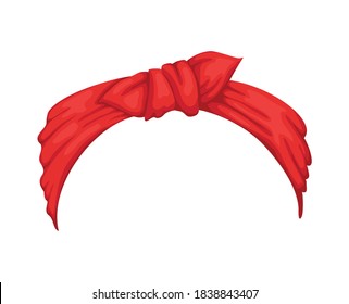 Retro headband for woman. Red bandana for hairstyle. Windy hair dressing with bow. Mockup of decorative hair knotted vintage scarf