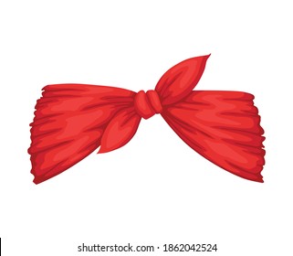 Retro headband for woman. Red bandana for hairstyle. Windy hair dressing with bow. Mockup of decorative hair knotted vintage scarf svg