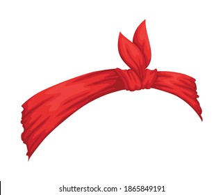 Retro headband for woman. Red bandana for hairstyle. Windy hair dressing with bow. Mockup of decorative hair knotted vintage scarf