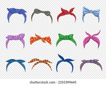 Retro headband. Woman twist scarf for head female accessories colored ribbons recent vector illustrations set