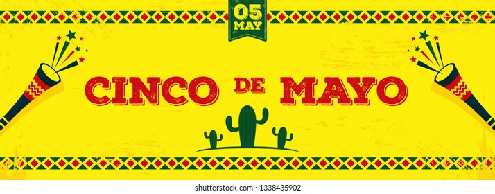 Retro header or banner design for Cinco De Mayo (5 March) celebration. bunting decoration and cactus on yellow background.