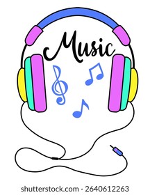 Retro headphones, vintage element. Music concept. Flat style vector illustration on background of checkered notebook sheet. Patch, sticker, badge, emblem.