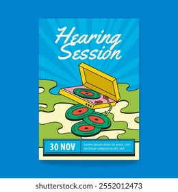 Retro Hearing Session Poster Featuring a Turntable and Vinyl Records for Event Promotion with Retro Groovy Vintage illustration style