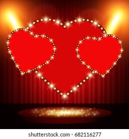 Retro heart banner on stage with spotlight effect background. Vector illustration