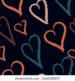 Retro heart by hand seamless illustrative pattern. Colored scattered hearts on a dark background. Stylish clockwork design. Recurring Background Wallpaper