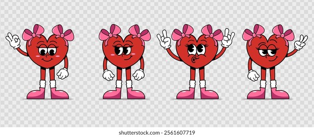 Retro heart character girl with bows, different poses and facial expressions. Cute love symbols with faces, different poses, arms and legs. Playful, cheeky happy hearts in trendy retro comic style. 