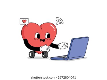 Retro heart character working on a laptop with wi-fi signal connected online
