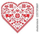 Retro heart cross-stitch vector seamless folk art pattern with flowers, cows, birds and dogs - pixelated ornament inspired German, Austrian and Swiss folk art. Traditional cute floral decoration