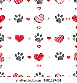 Retro heart with doodle black paw prints. Valentine's Day, Merry Christmas greeting card design element. Fabric design seamless pattern