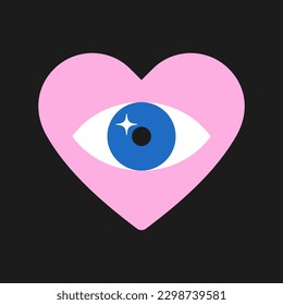 Retro heart with eye. Cute elements and characters in psychedelic 70s style. Hippie, psychedelic droove, retro and vintage. Vector Illustration