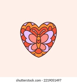 Retro heart with groovy butterfly. Colorful vector illustration in vintage style. Hippie 60s, 70s design element or icon