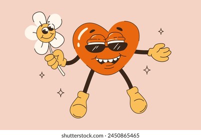 Retro heart smiling groovy character. Funny flower. Love concept. Happy Valentines Day. Trendy retro 60s 70s cartoon style. Card, postcard, print, poster, banner, flyer, t shirt or sticker