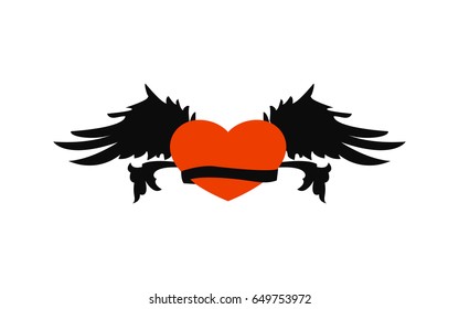 Retro heart with wings and ribbon for tattoo design. Logo heart with wings and ribbon.