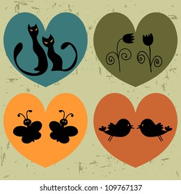 Retro hearts with animals set