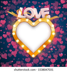 Retro heart-shaped frame with vintage incandescent lamps. 3D word love with ribbon over a heart. Background of flying paper little hearts. Vector illustration. Valentines day backdrop.