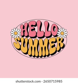 Retro hallo zomergroet met madeliefjes en levendige pastelkleuren op roze achtergrond