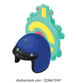 Retro helmet icon isometric vector. Vintage racing helmet and metal shield icon. History, sport equipment