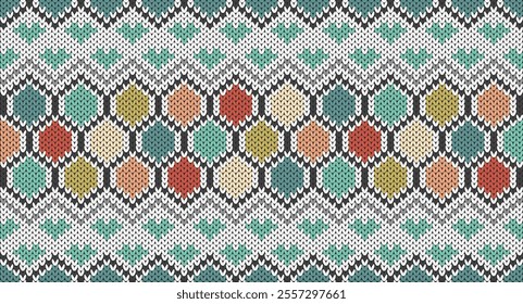 Retro hexagon and green heart knitted pattern, Festive Sweater Design. Seamless Knitted Pattern