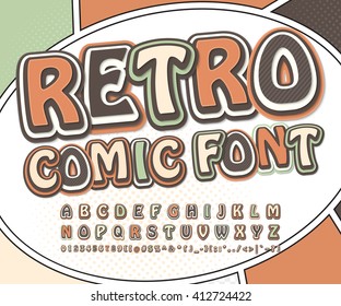 Retro high detail comic font. Alphabet in style of comics, pop art. Multilayer letters and figures for decoration of kids' illustrations, websites, posters, comics, banners