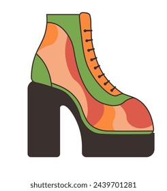 Retro high heel boot in psychedelic colors, vector illustration isolated on white, fashionable and groovy, suitable for themed party decor and fashion.