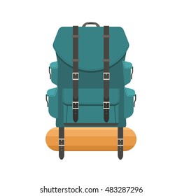 Retro hiking backpack in flat design. Tourist rucksack with sleeping bag. Camping backpack vector illustration. Hiking bag icon.